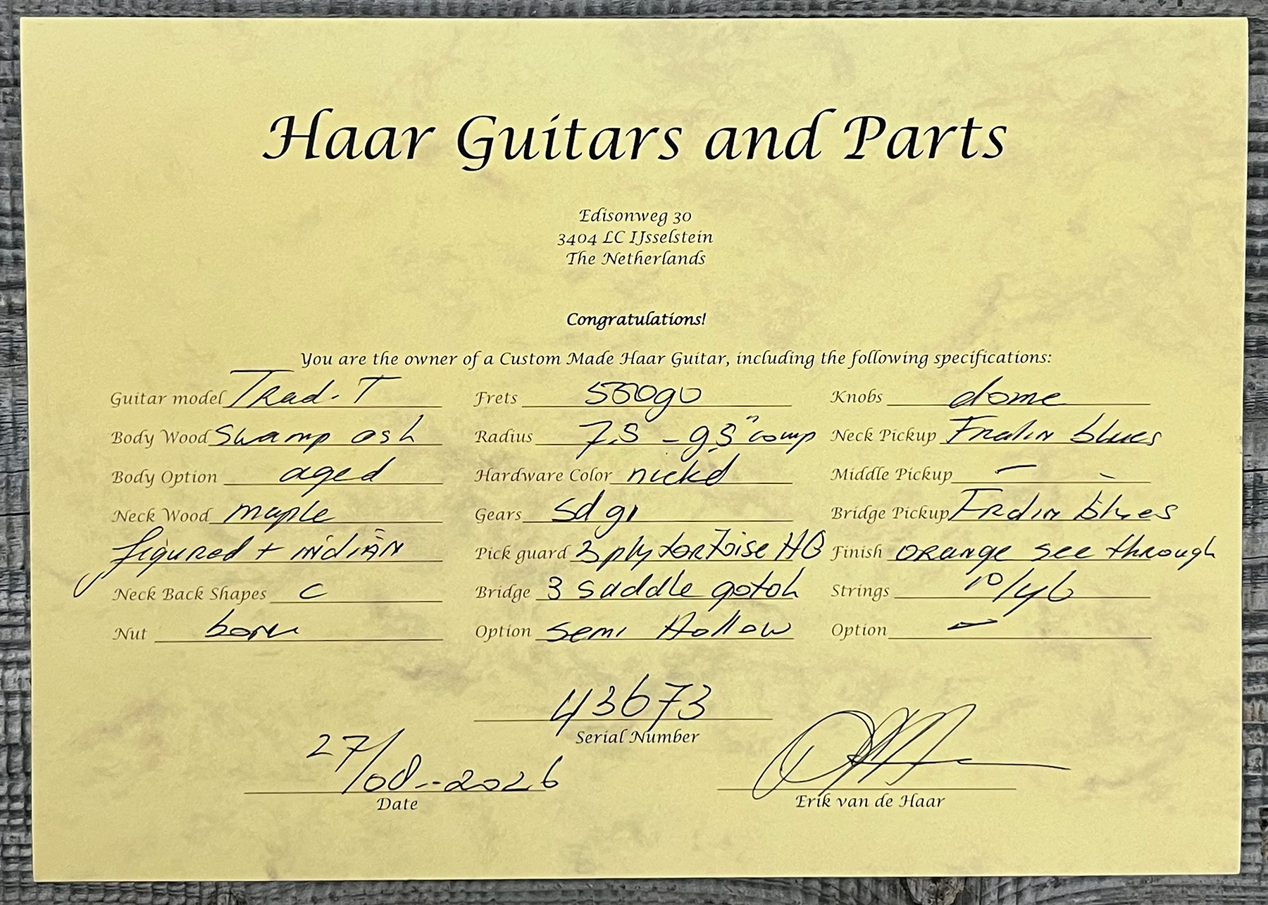 Haar Guitars Trad T Thinline 2s Lindy Fralin Rw #43673 - Aged Orange See Through - Tel shape electric guitar - Variation 14