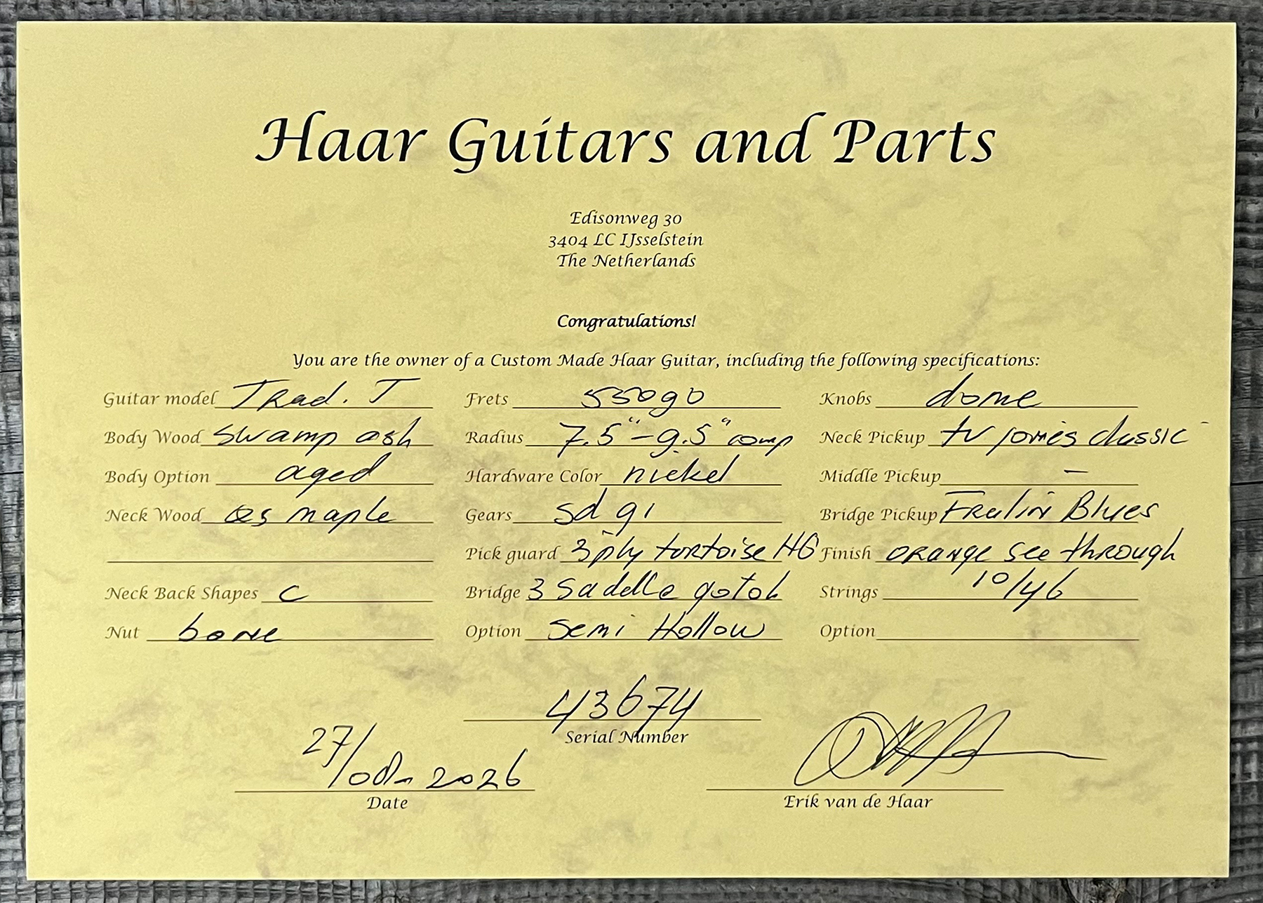 Haar Guitars Trad T Thinline Sh Tv Jones / Lindy Fralin Mn #43674 - Aged Orange See Through - Tel shape electric guitar - Variation 13