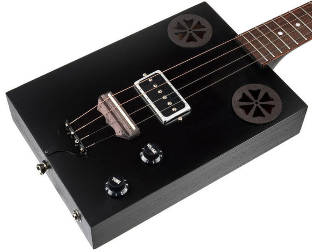 J.n Guitars Cask Hogscoal Sapelli +housse - Black Satin - Cigar Box Guitar - Variation 1