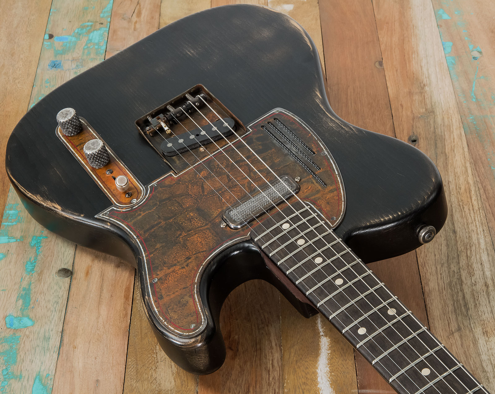 James Trussart Steelguardcaster Glaser B Bender Sh Ht Eb #21062 - Rust O Matic Pinstriped Black Nitro - Tel shape electric guitar - Variation 2