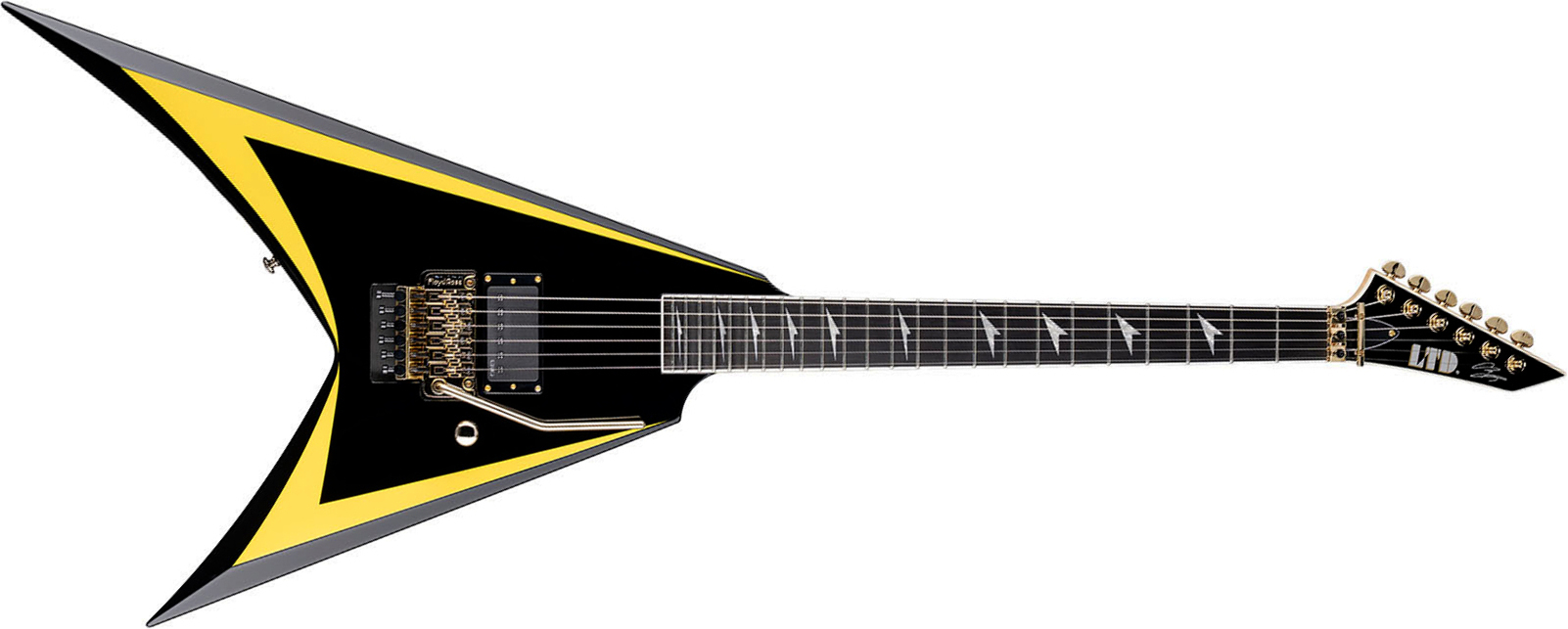 Ltd Alexi Laiho Alexi Arrowhead Se 20th Ann. Signature 1h Fr Eb - Black With Yellow Bevels - Metal electric guitar - Main picture