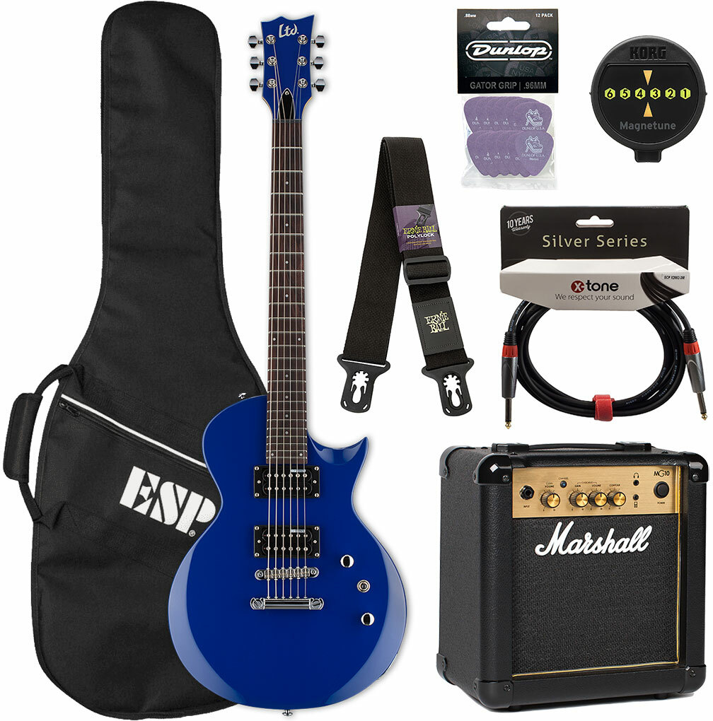 Ltd [pack] Ec-10 Kit Pack +marshall Mg10g +magnetune +x2002-3m +polylock Black - Blue - Electric guitar set - Main picture