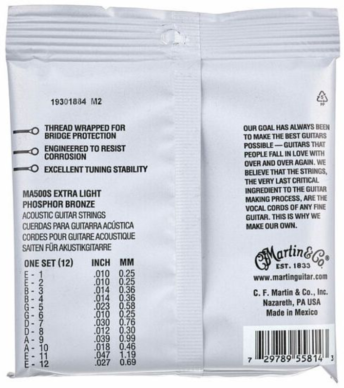 MA500S Acoustic Guitar 12-String Set Authentic Silked 92/8 Phosphor Bronze  10-47 - 12-string set Acoustic guitar strings Martin