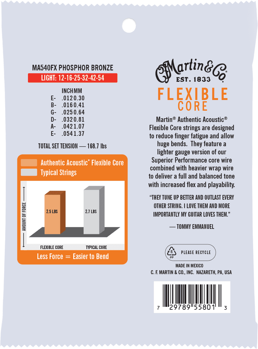 Martin Ma540fx Authentic Flexible Core Phosphor Bronze Acoustic Guitar 6c 12-54 - Acoustic guitar strings - Variation 1