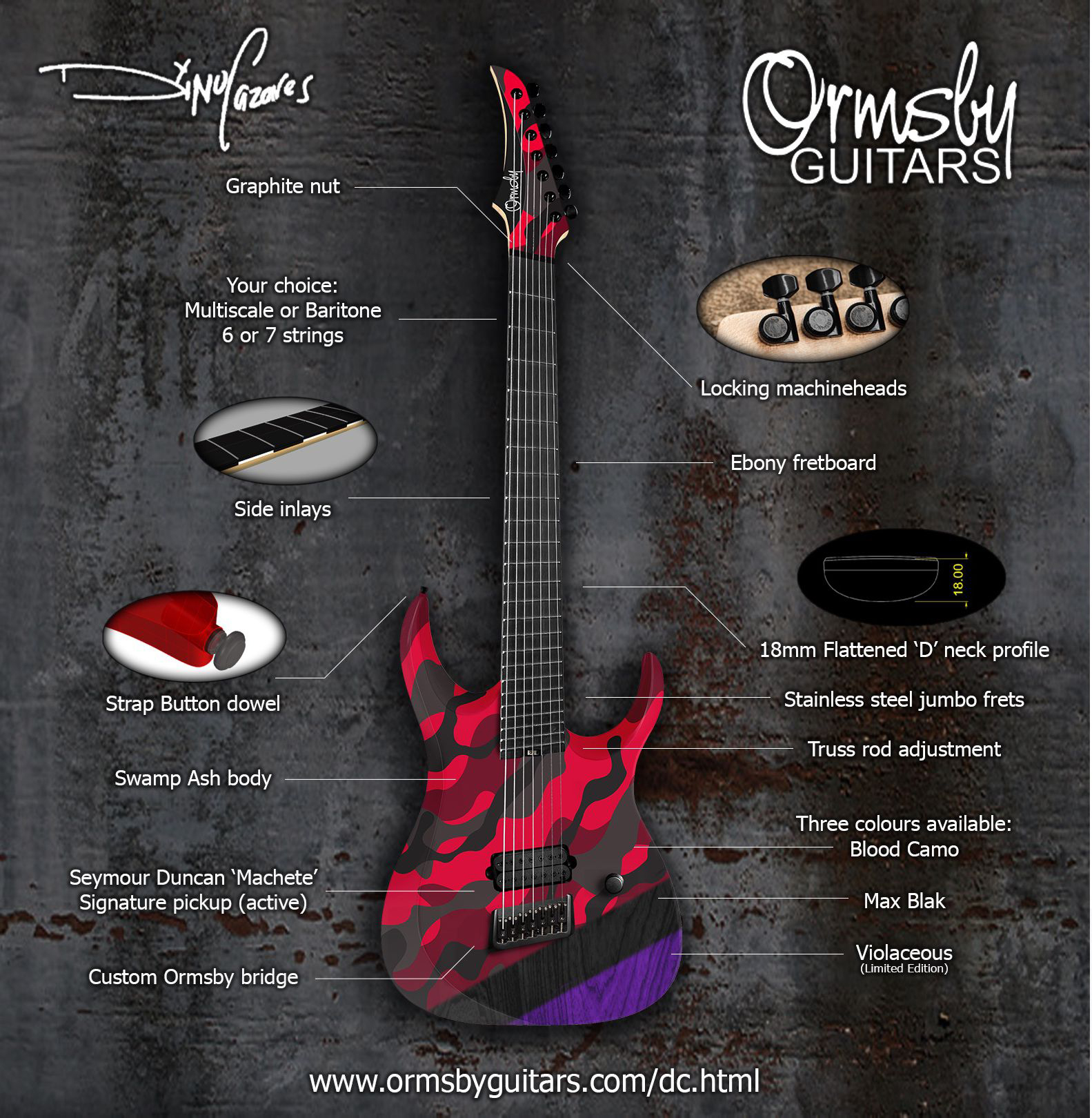 Ormsby Dino Cazares Dc Gtr 7c Signature Baritone H Seymour Duncan Ht Eb - Red Camo - 7 string electric guitar - Variation 5