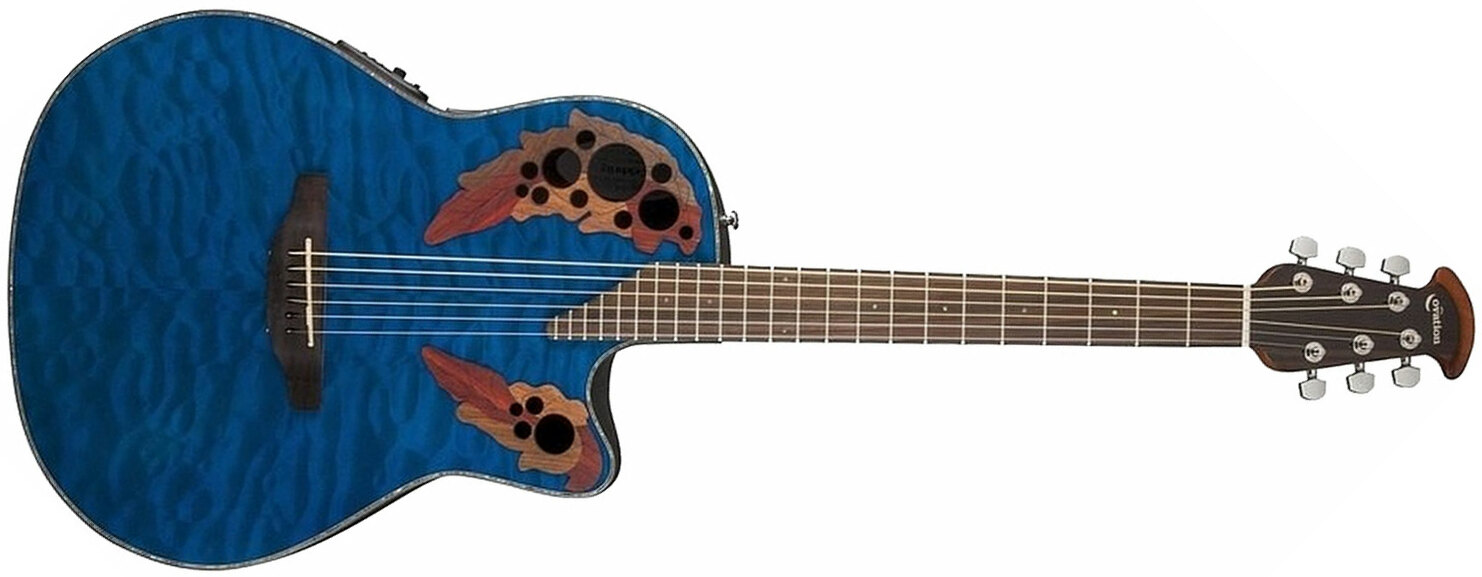 Ovation Ce44p-8tq Celebrity Elite Plus Mid Depth Cw Erable Lyrachord Rw - Trans Blue - Electro acoustic guitar - Main picture