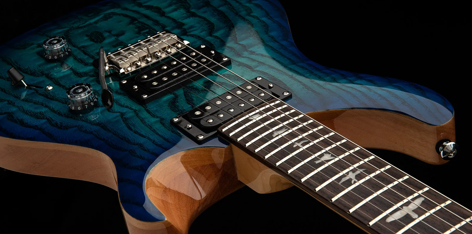Prs Custom 24 Burled Ash Se Exotic Veneer Trem 2h Rw - Lake Blue - Double cut electric guitar - Variation 3