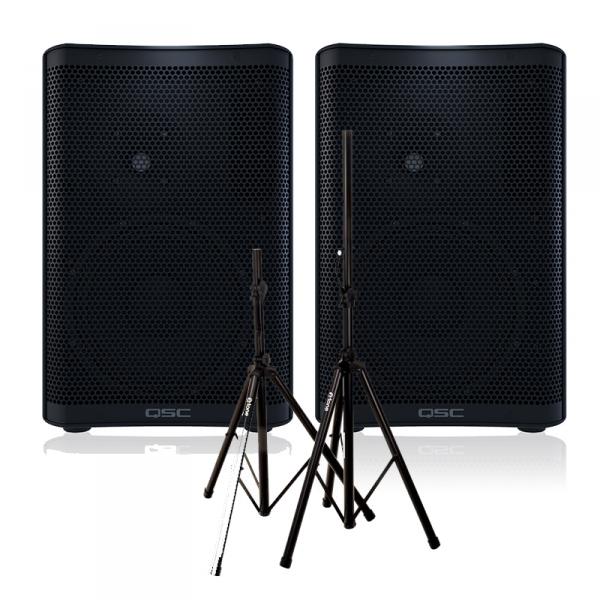 Complete pa system Qsc 2 x CP8 + XH 6310 Pied Enceinte Paire + Sac