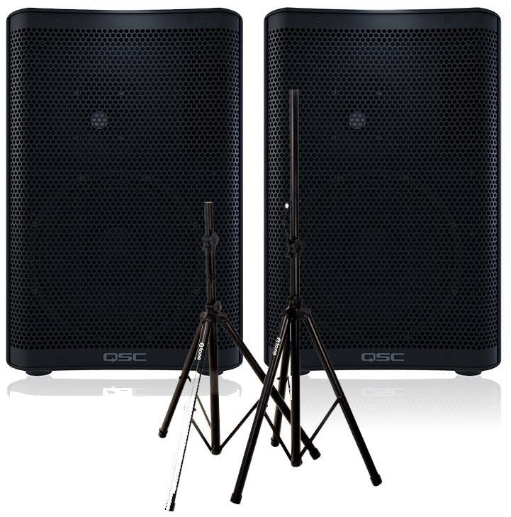 Complete pa system Qsc 2 x CP8 + XH 6310 Pied Enceinte Paire + Sac