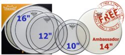 Drumhead set Remo PACK PINSTRIPE TRANSPARENTE 10 12 16 + 14 AMBASADOR SABLEE - Drumsticks set