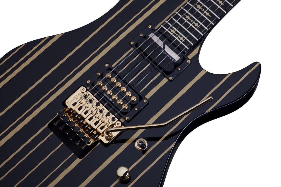 Schecter Synyster Custom-s 2h Seymour Duncan Sustainiac Fr Eb - Black W/ Gold Stripes - Signature electric guitar - Variation 3