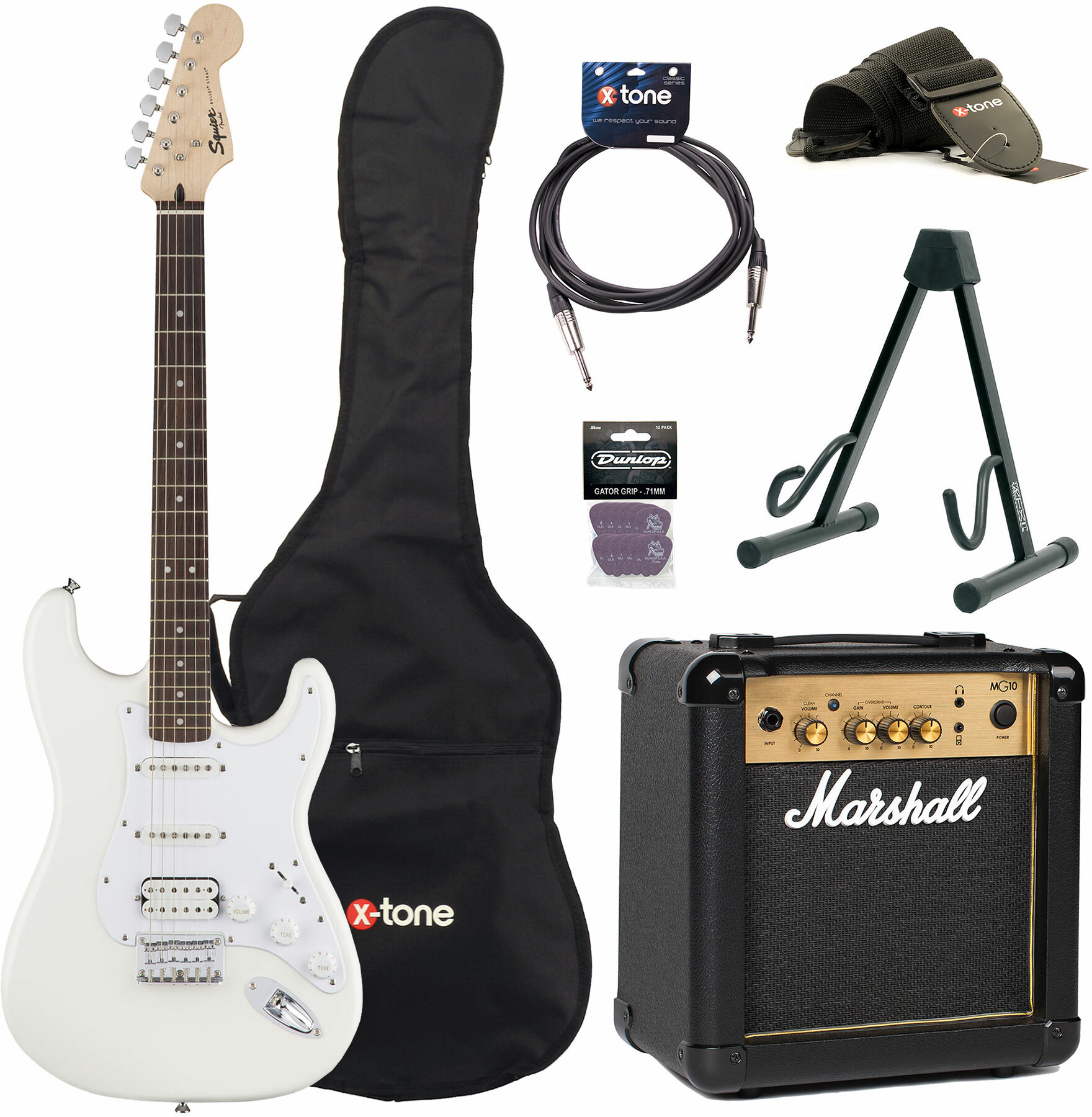 Squier Strat Bullet Ht Hss + Marshall Mg10g + Access X-tone - Arctic White - Electric guitar set - Main picture