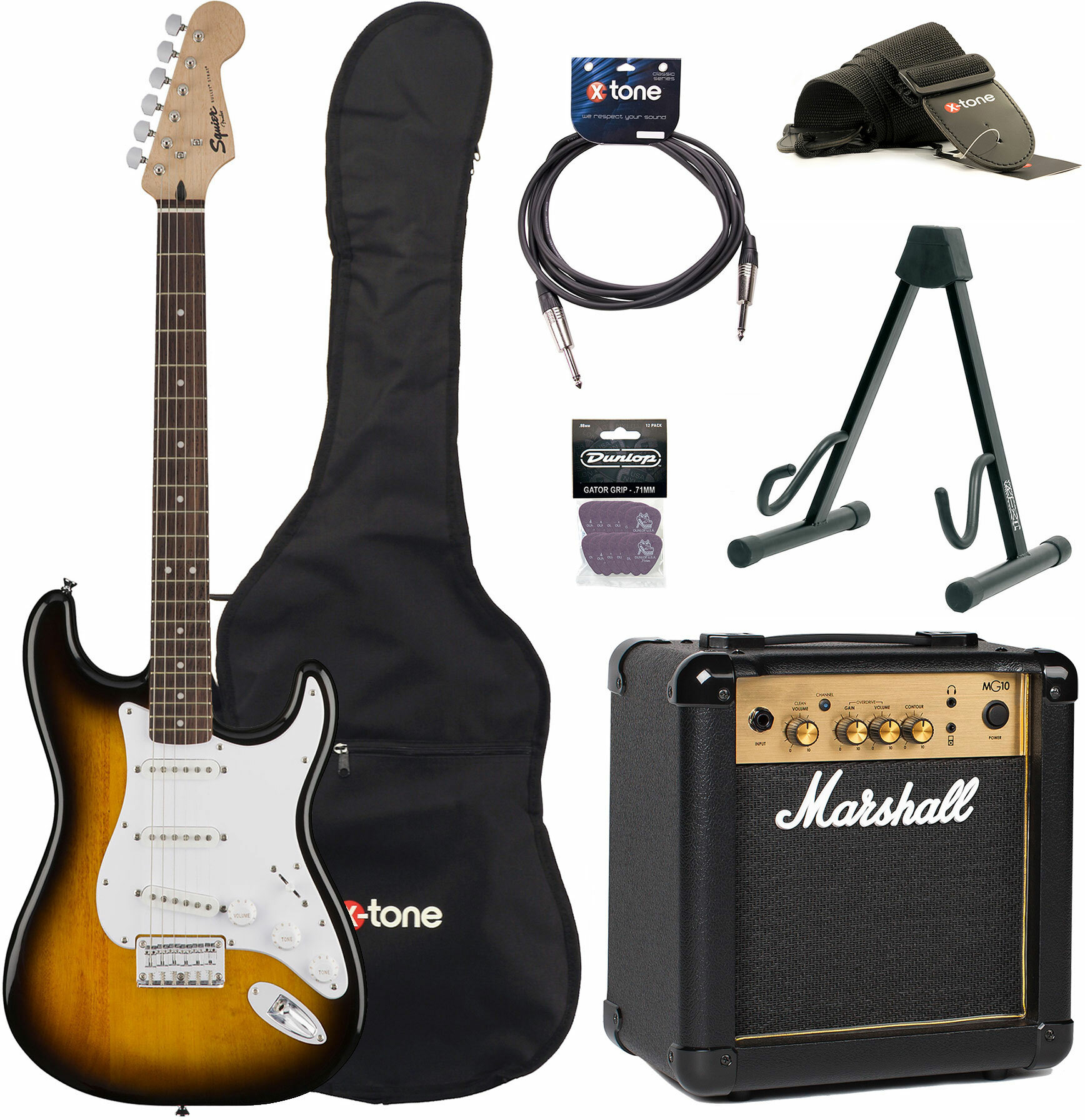 Squier Strat Bullet Ht Sss + Marshall Mg10g + Access X-tone - Brown Sunburst - Electric guitar set - Main picture