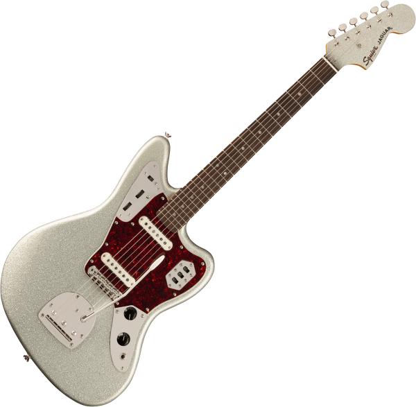 Solid body electric guitar Squier FSR Classic Vibe '60s Jaguar (LAU) - Silver sparkle matching headstock