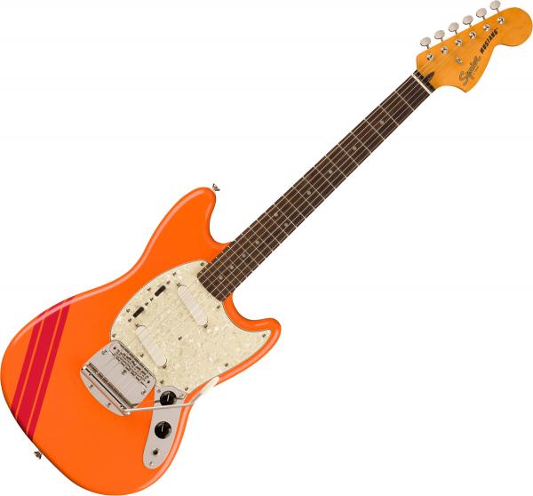 Solid body electric guitar Squier FSR Classic Vibe '60s Competition Mustang Ltd (LAU) - Capri orange w/ dakota red stripes