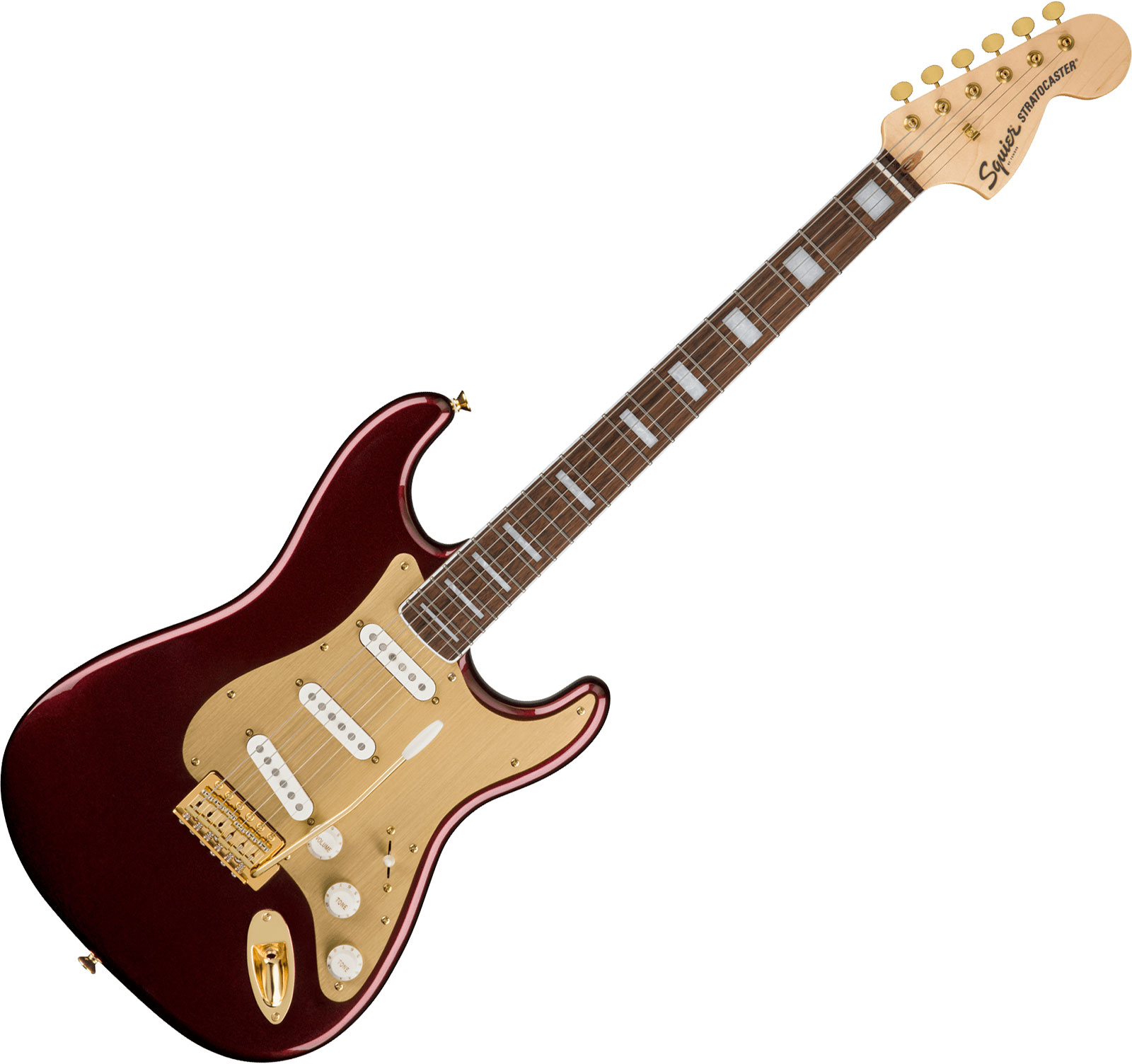 Squier 40th Anniversary Stratocaster Gold Edition ruby red metallic Solid body electric guitar red