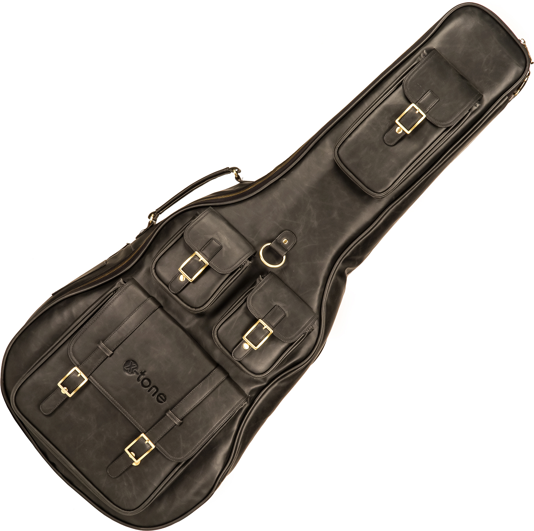 X-tone 2035 Fol-bk Deluxe Leather Acoustic Dreadnought Guitar Bag Cuir Matt Black (ex 2067) - Acoustic guitar gig bag - Main picture