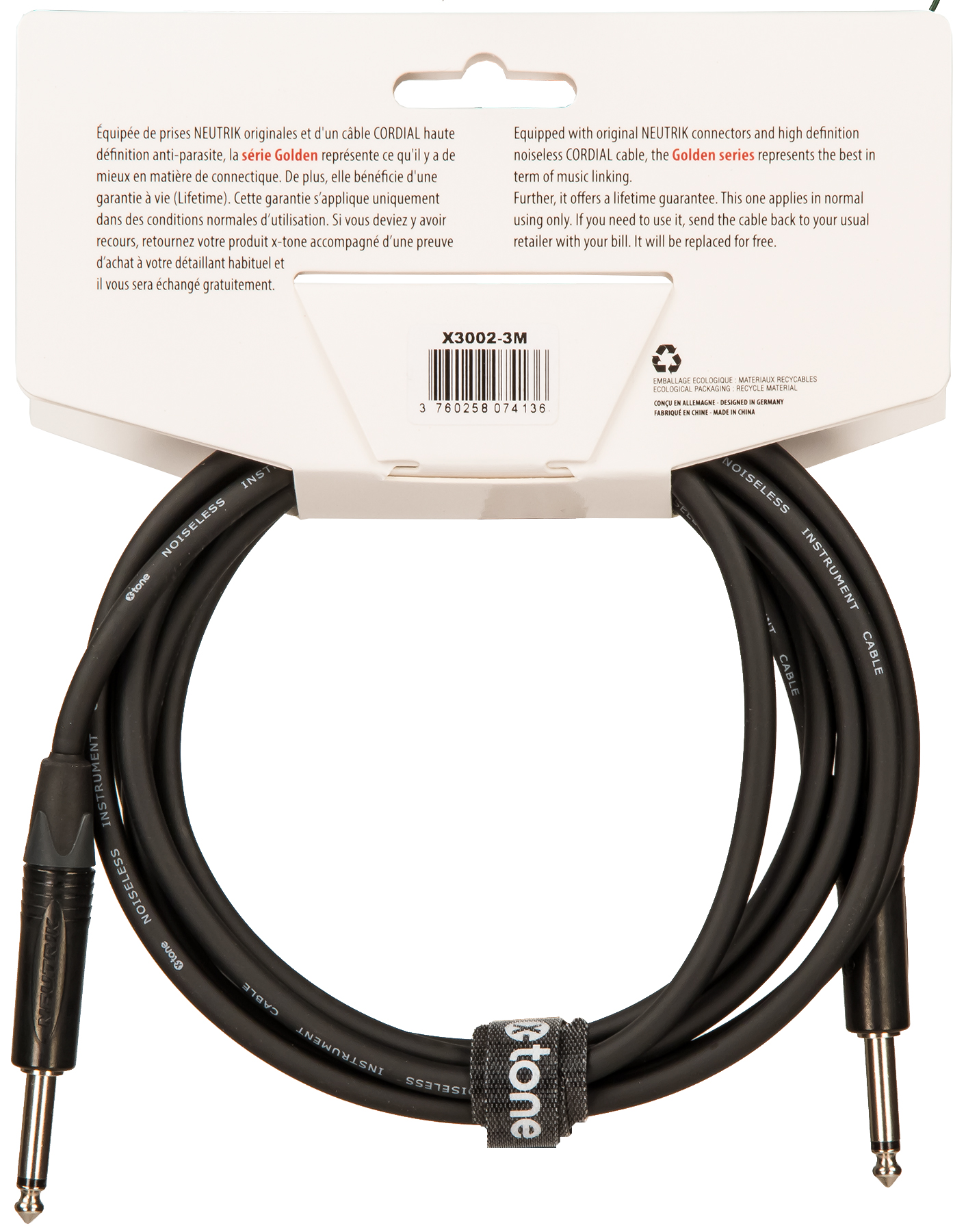 Câble jack guitare premium 3m droit/coudé Sommercable