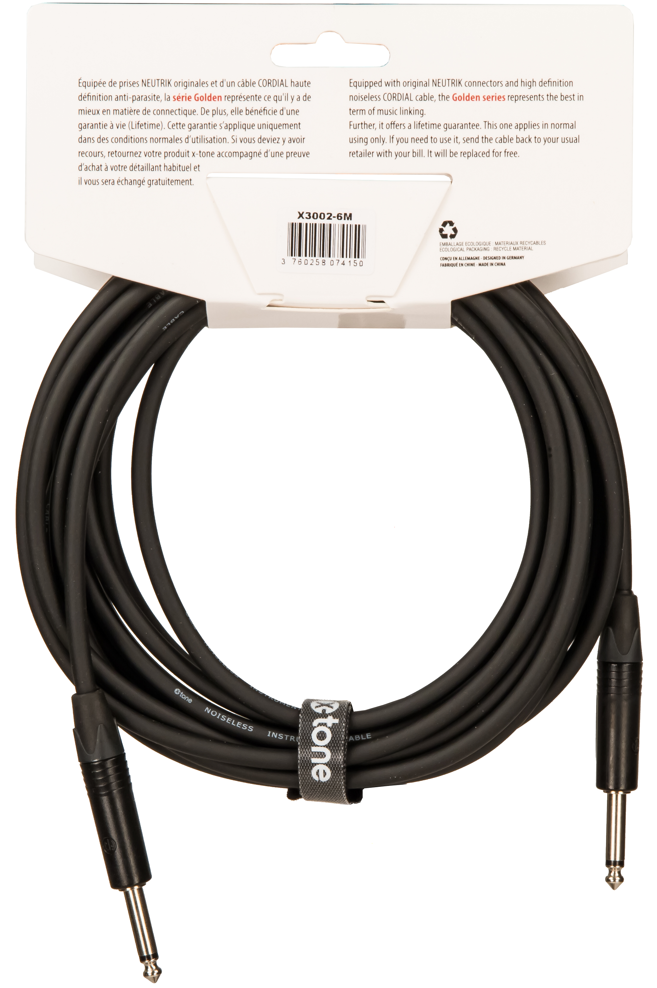 X-tone X3002-6m Instrument Cable Golden Series Neutrik Droit/droit 6m - Cable - Variation 1