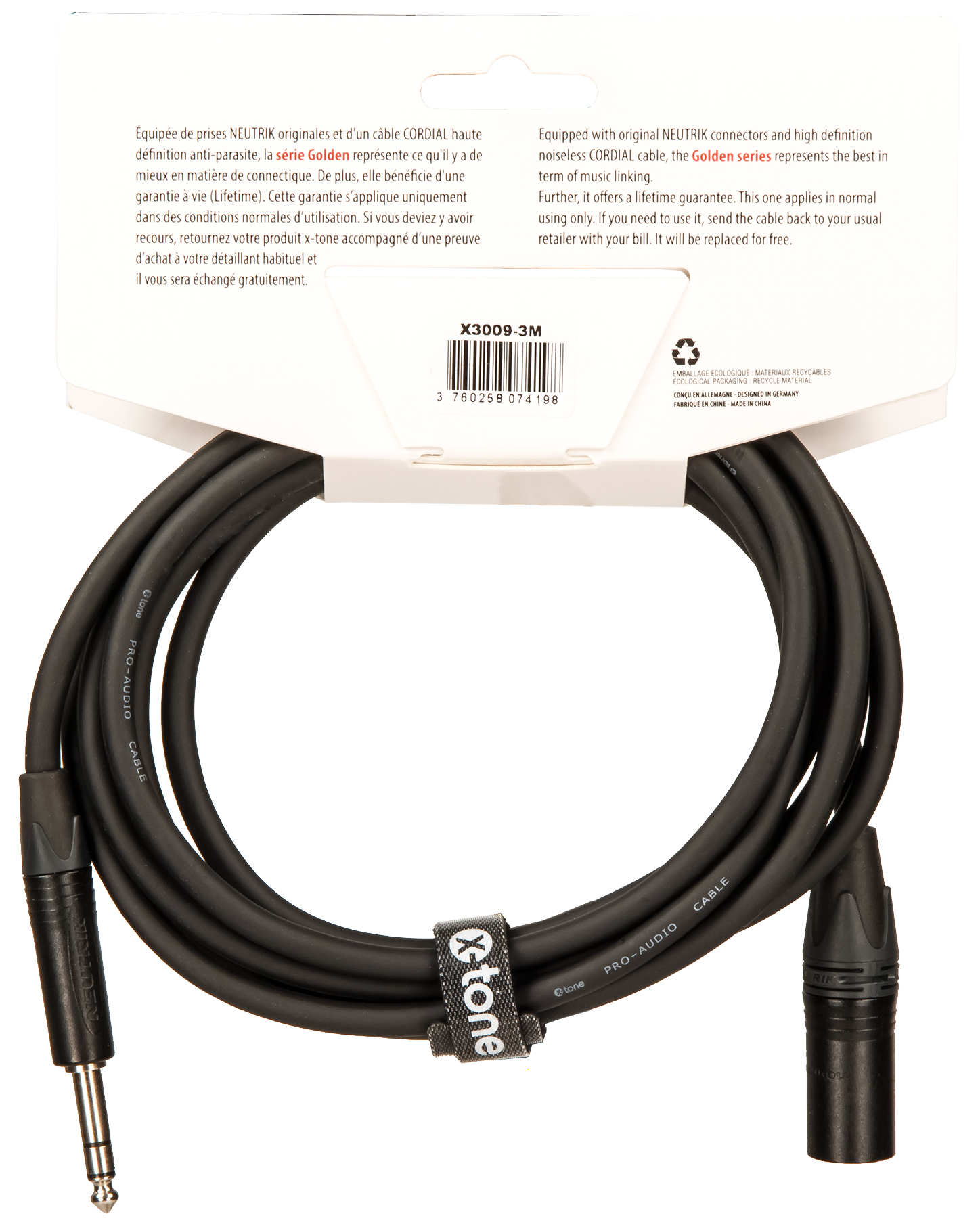 X-tone X3009-3m Cable Golden Series Neutrik Xlr(m) / Jack(m) 6,35 Trs - Cable - Variation 1