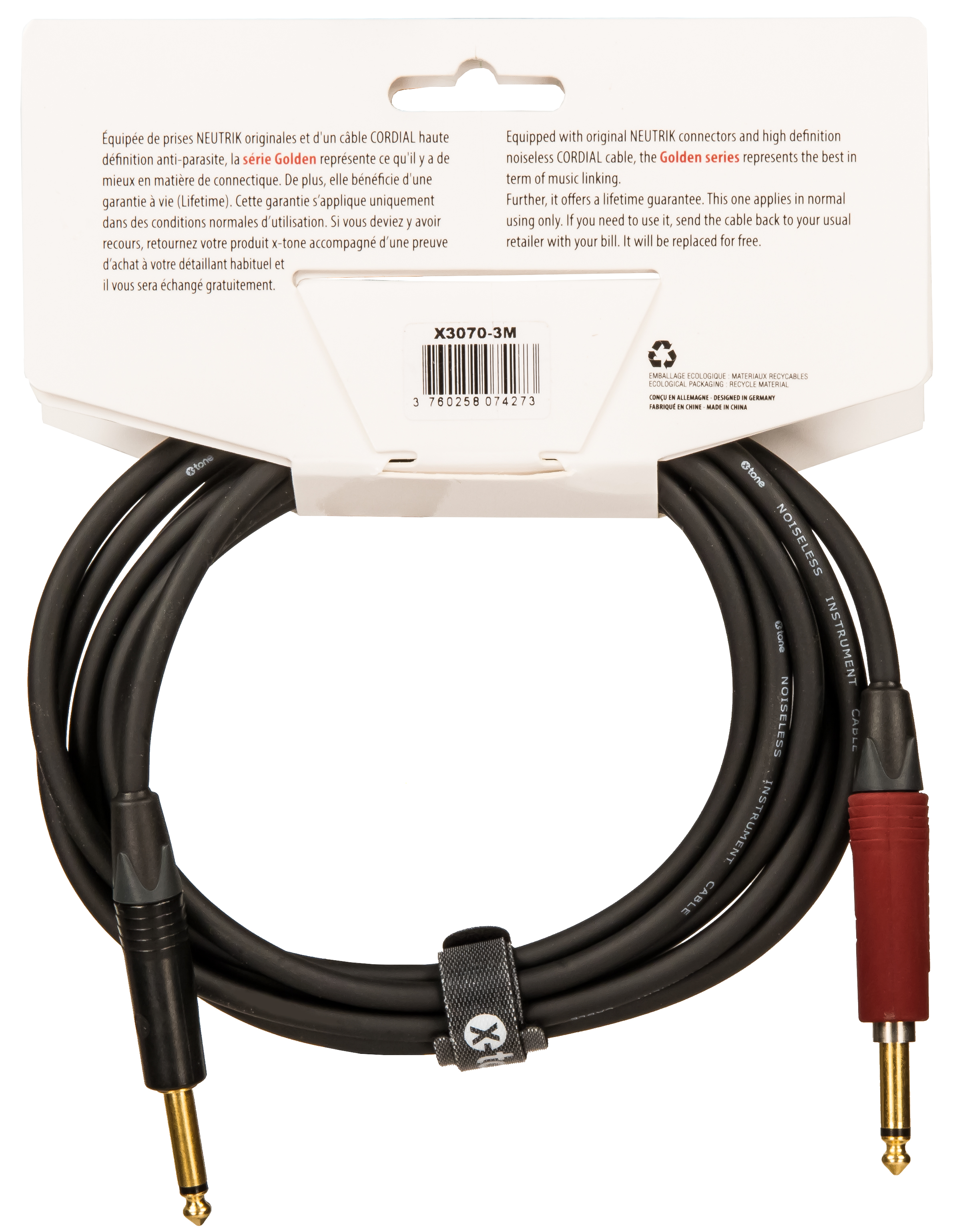X-tone X3070-3m Instrument Cable Golden Neutrik Silent Droit/droit 3m - Cable - Variation 1