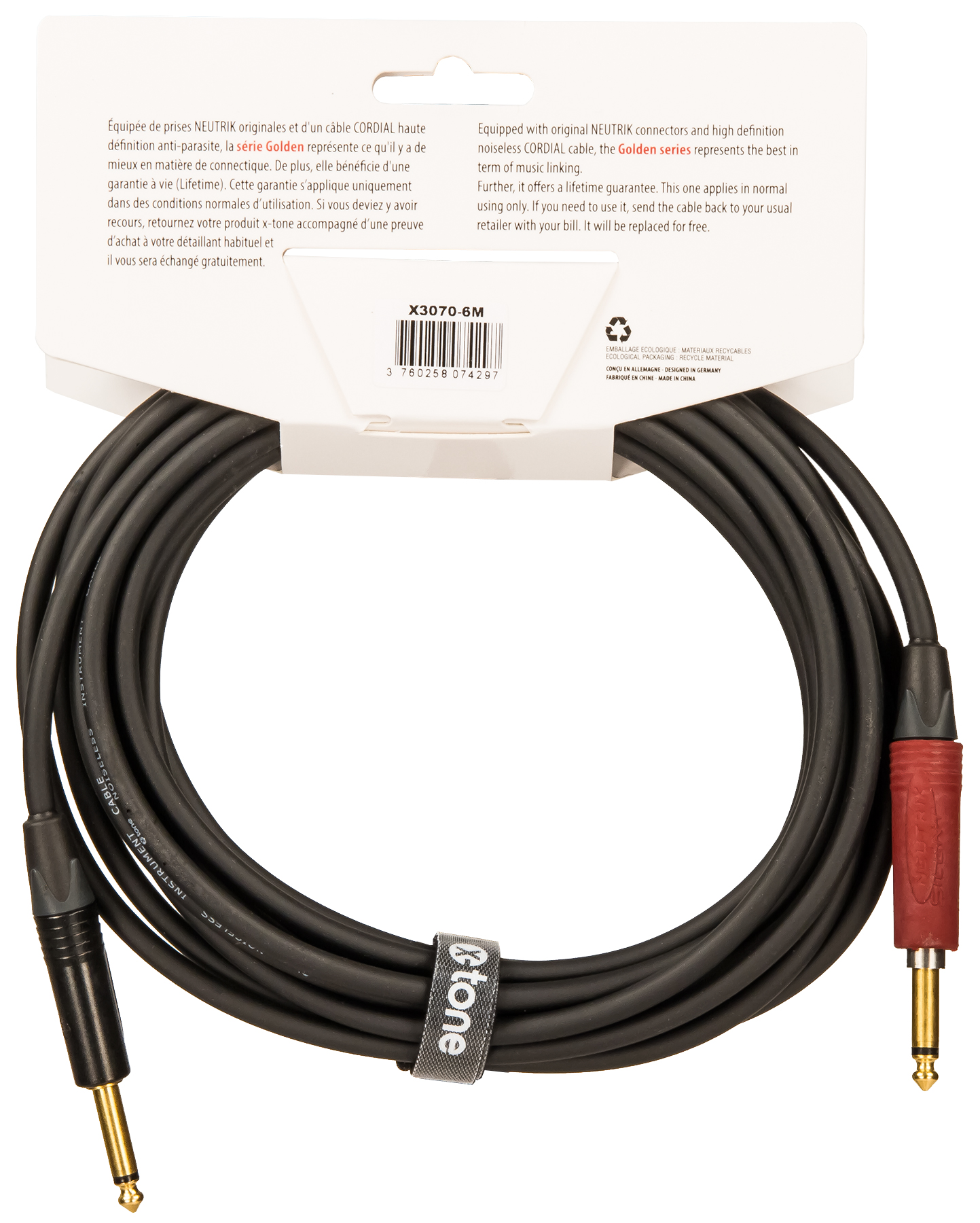 X-tone X3070-6m Instrument Cable Golden Neutrik Silent Droit/droit 6m - Cable - Variation 1